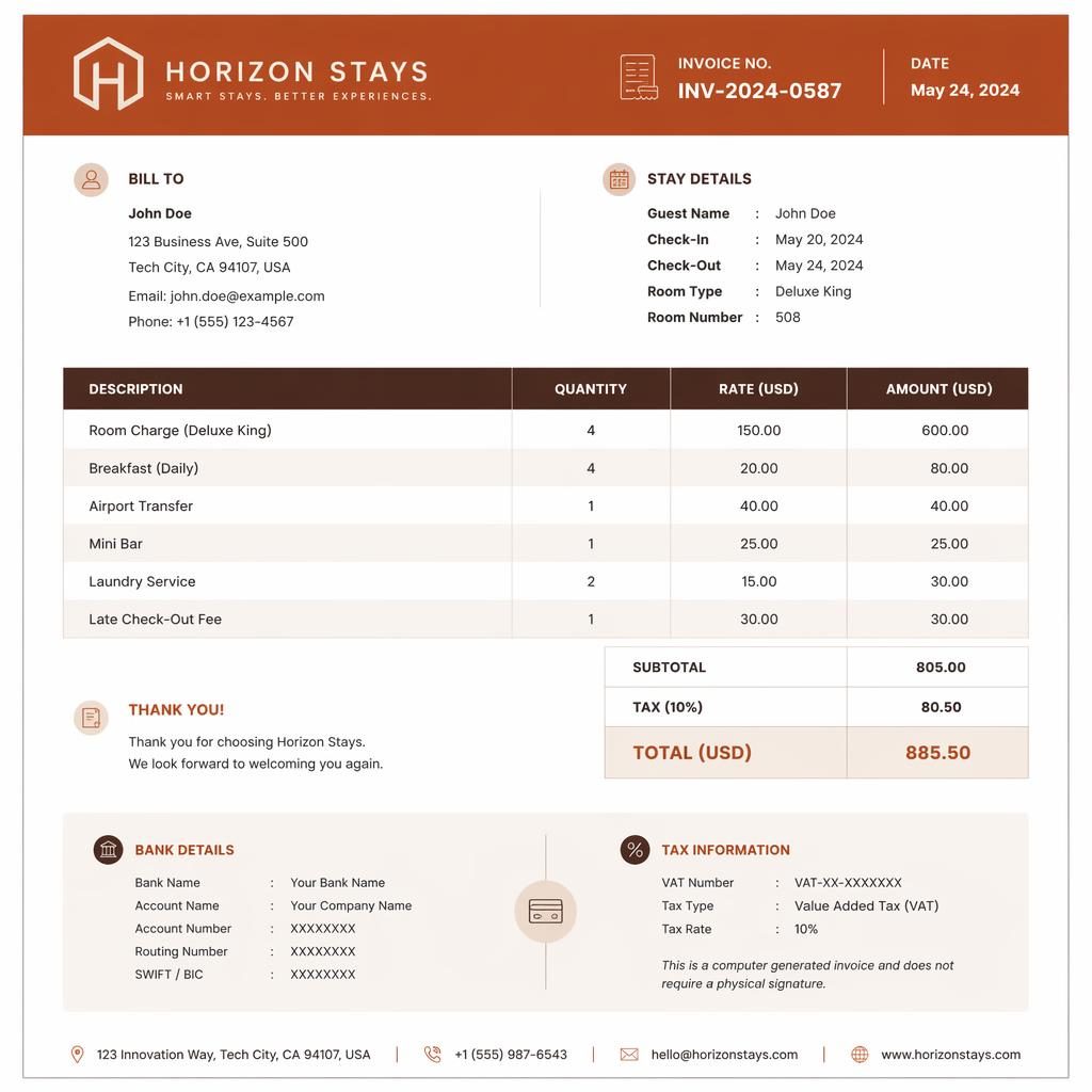 A4 portrait invoice layout with warm earth tones, full header bar, itemized table, totals section, and placeholder bank details.