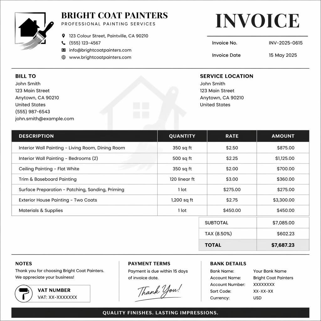 A4 portrait monochrome invoice template with header, itemized table, totals, logo placeholder, and bank details fields.