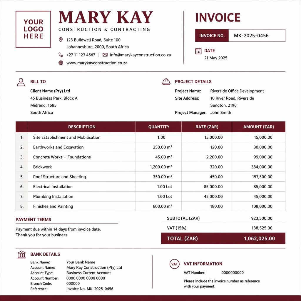 A4 portrait invoice template in a warm burgundy palette with Swiss grid layout, header, itemized table, totals, and bank placeholders.