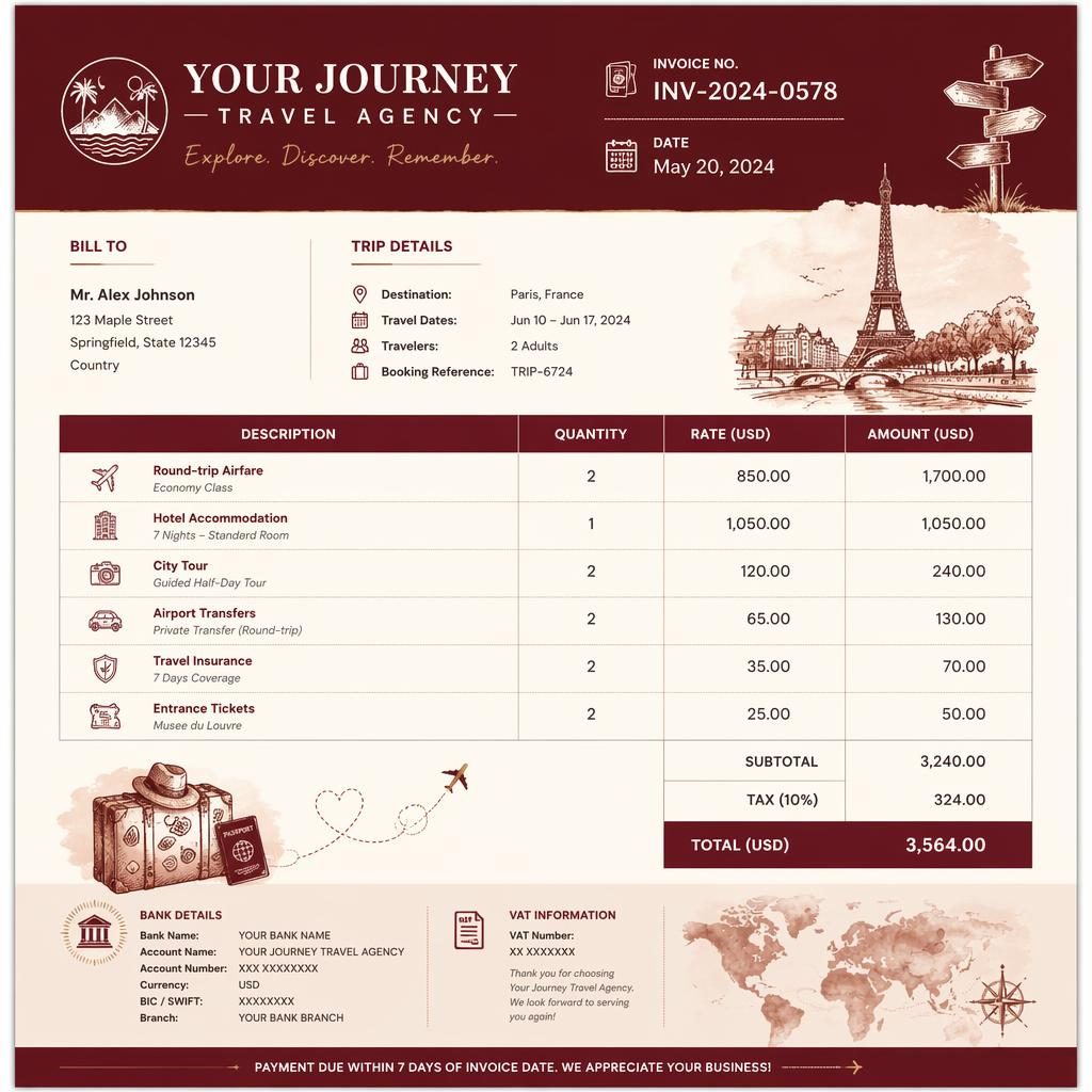 A4 portrait travel agency invoice template with burgundy header, itemized table, totals, and placeholder bank details.