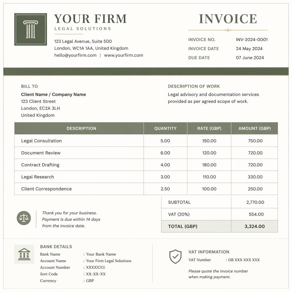 A4 portrait freelancer invoice template in sage and ivory with header, itemized table, totals, and bank detail placeholders.