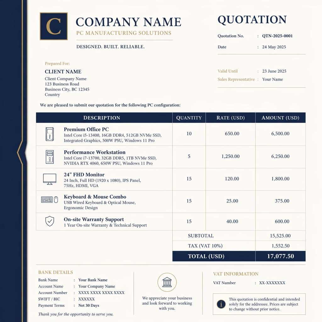 A4 portrait luxury invoice template in navy and cream with serif header, item table, totals, and placeholder bank details.