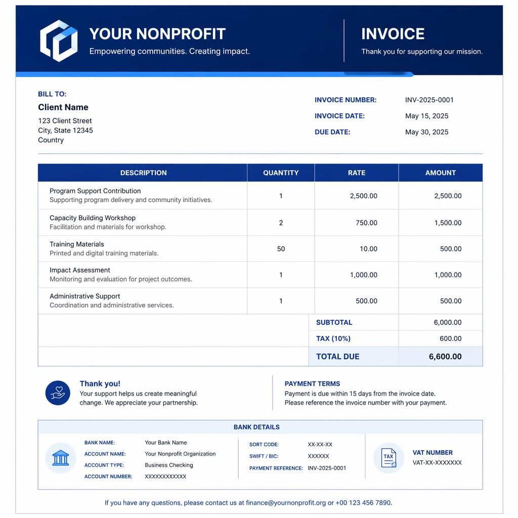A4 portrait invoice template with blue header, itemized table, totals section, and placeholder bank and VAT details.