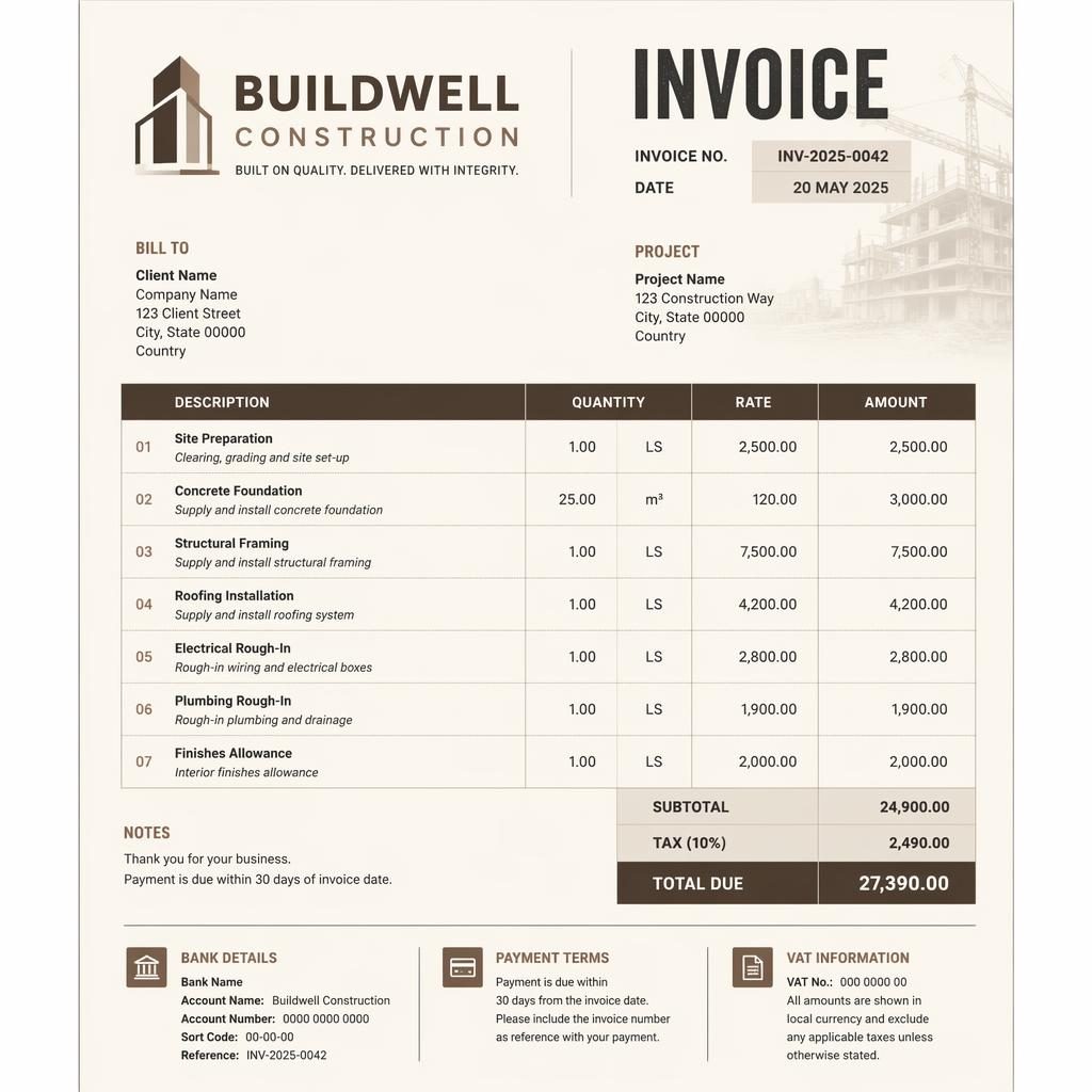 A4 portrait industrial invoice layout with warm earth tones, header, itemized table, totals, and placeholder bank details.