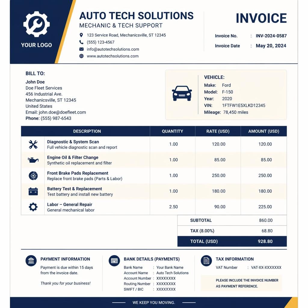 Modern A4 mechanic shop invoice sample template in navy and cream with header, itemized table, totals, and bank placeholders.