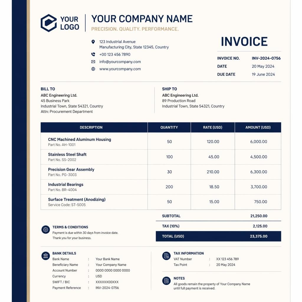 A4 portrait professional invoice template with navy and cream palette, side stripe, header, item table, totals, and bank placeholders.