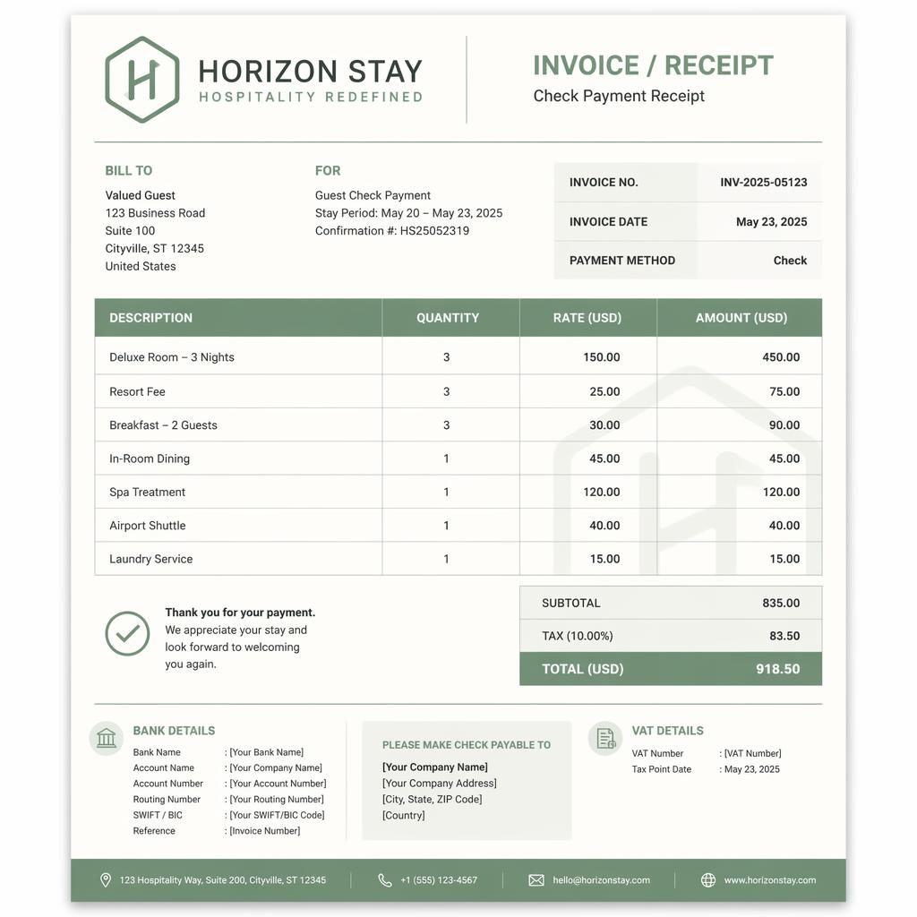A4 hospitality invoice layout in sage and ivory with header, itemized table, totals, and placeholder bank details.