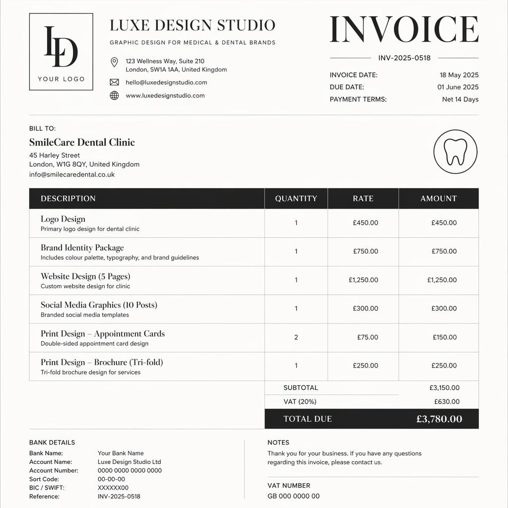 A4 portrait luxury invoice template in black and warm white with serif styling, itemized table, totals, and bank detail placeholders.