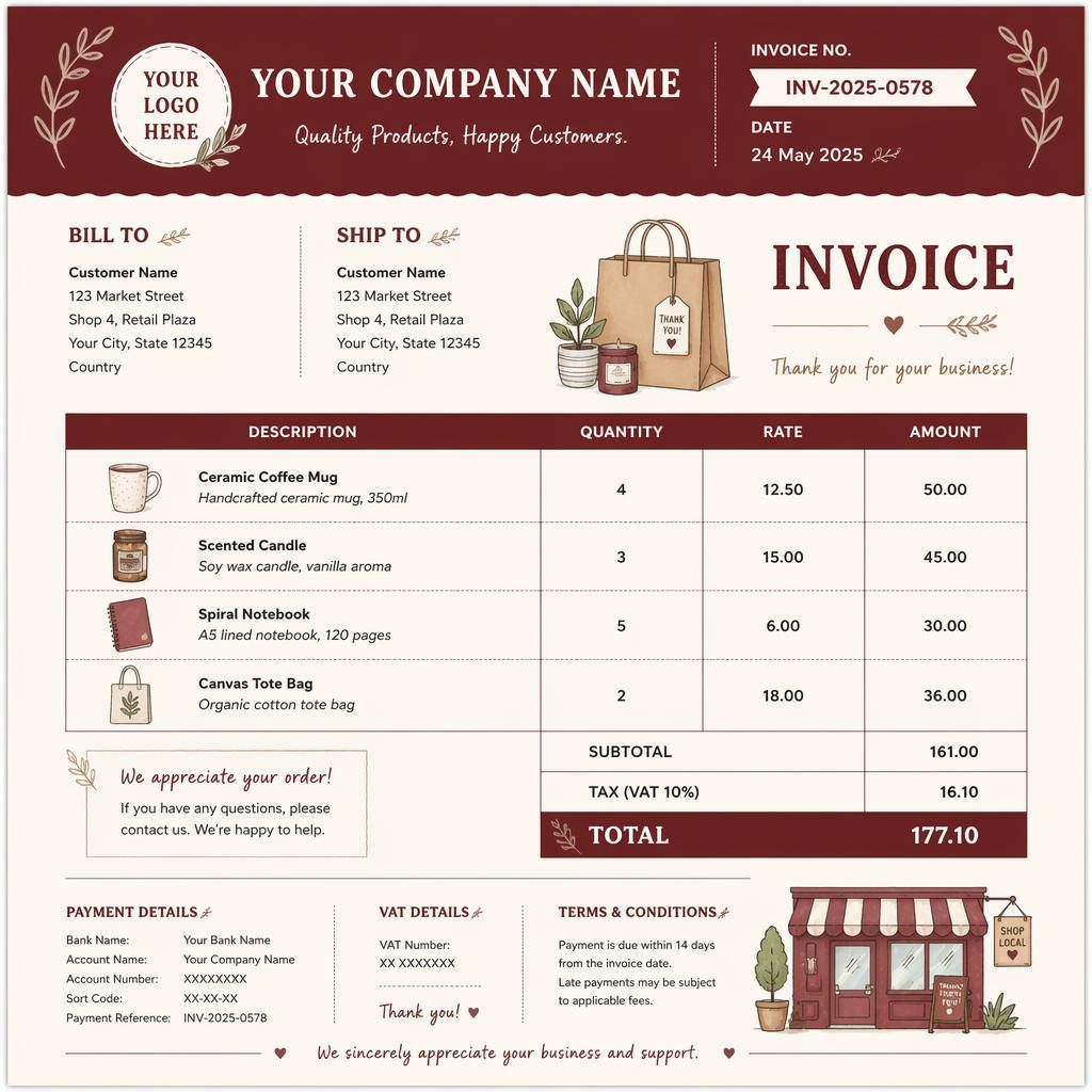 A4 portrait retail invoice template with warm burgundy header, itemized table, totals section, and placeholder bank details.