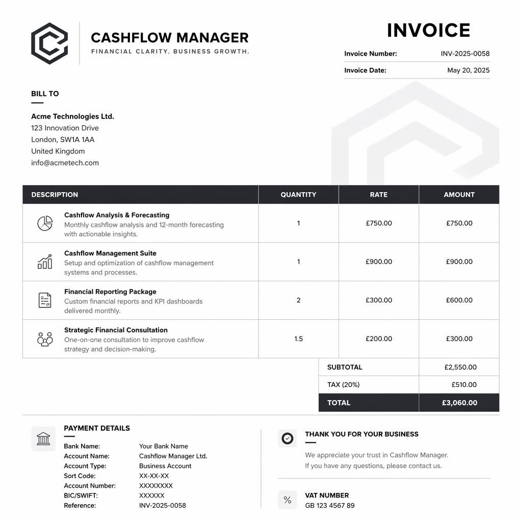 A4 portrait invoice template with logo header, itemized table, totals section, and placeholder bank and VAT details.