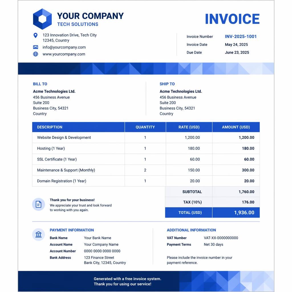 Modern A4 invoice template in tech blue with header, itemized table, totals, and placeholder bank and VAT details.