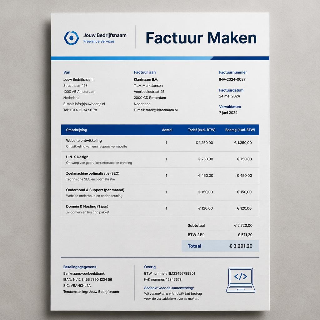 A4-factuursjabloon voor freelancer met kop Factuur Maken, blauwe accenten, tabel, totalen en bankgegevens