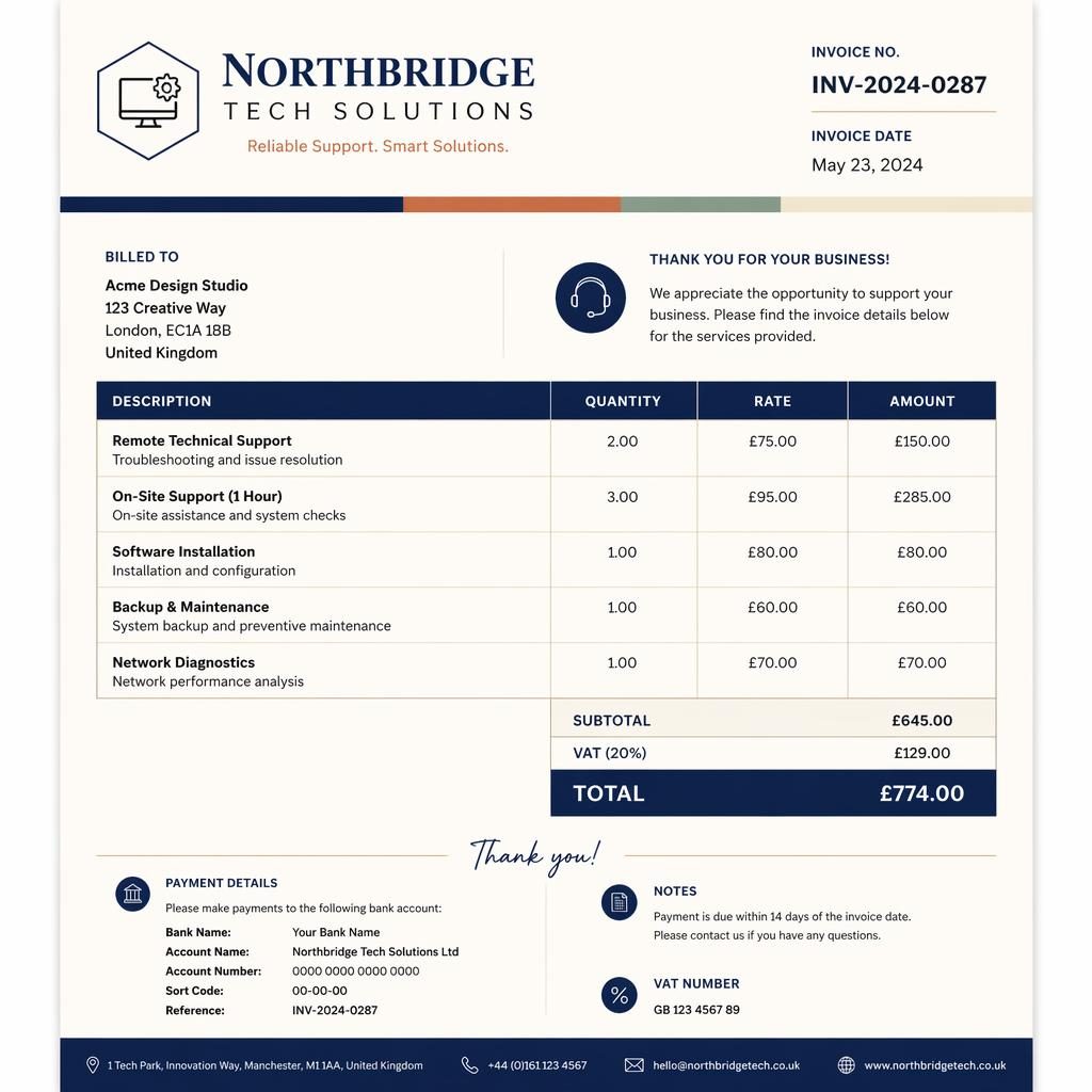 A4 portrait invoice template in navy and cream with header, itemized table, totals, and placeholder bank details.