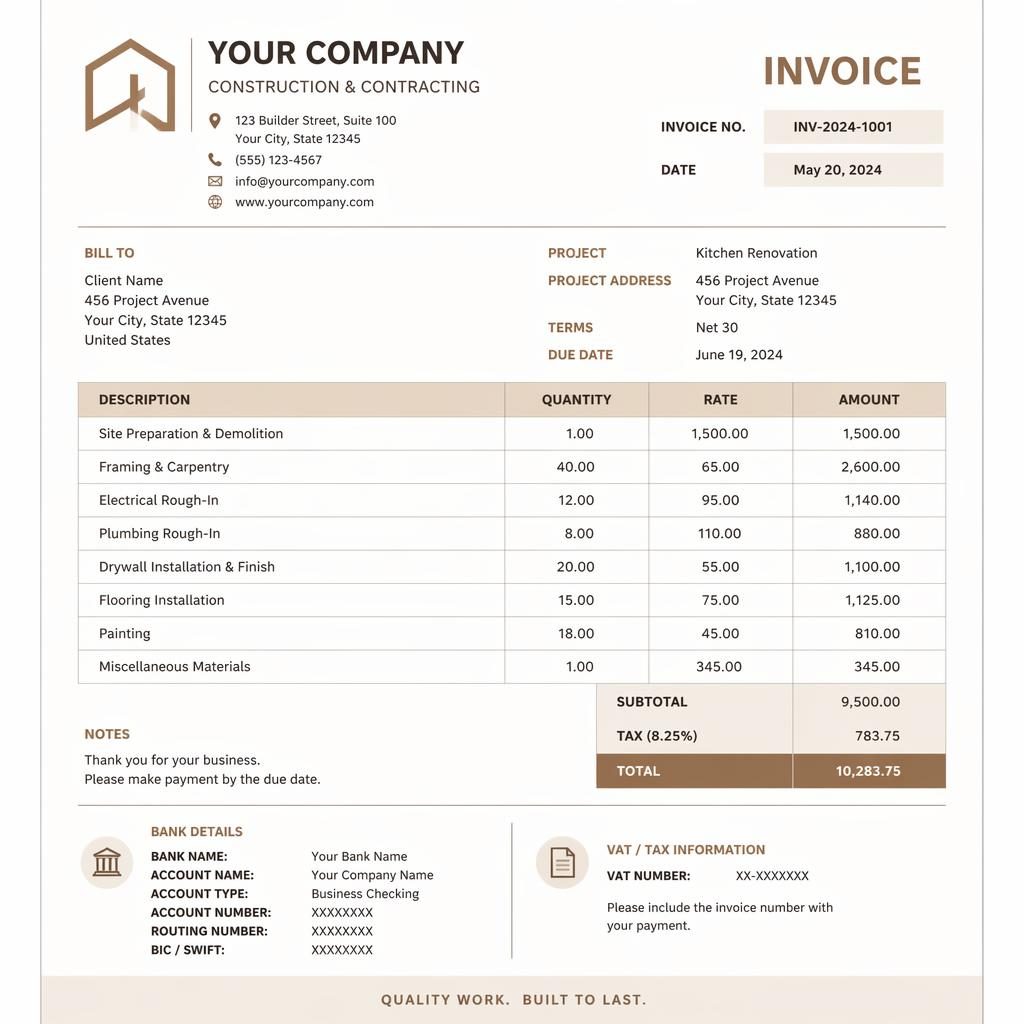 A4 portrait contractor invoice template with header, itemized table, totals, and placeholder bank and VAT details.