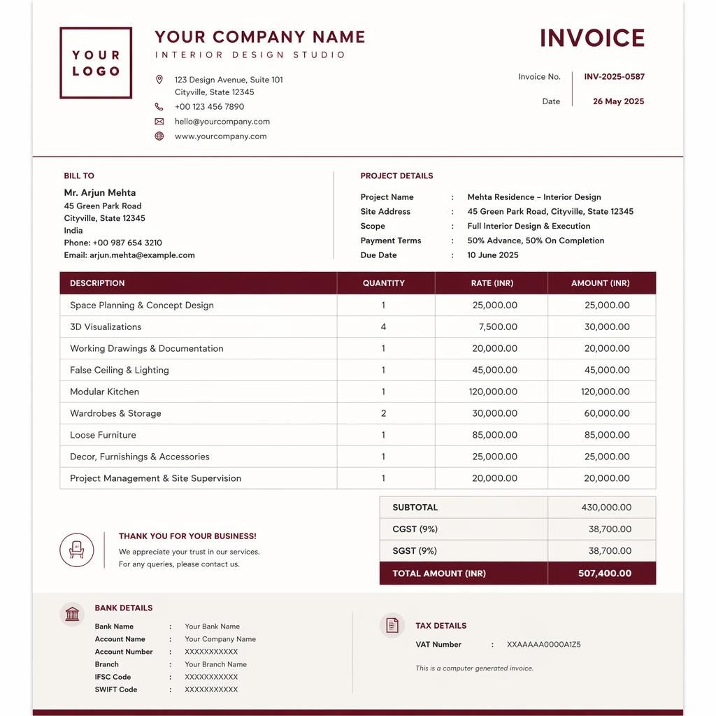 A4 portrait invoice template in warm burgundy with header, itemized billing table, totals, and placeholder bank details.
