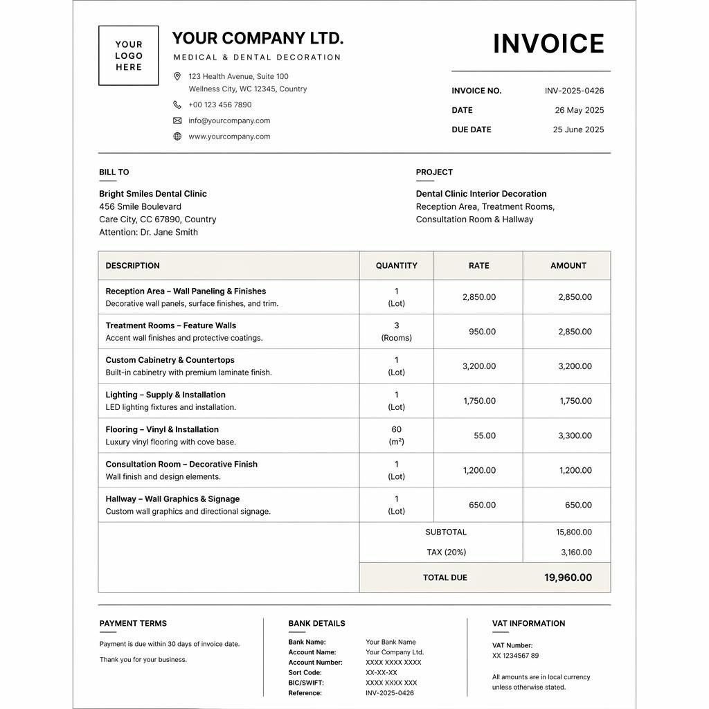 A4 portrait decoration invoice template with Swiss-style grid, header, itemized table, totals, and placeholder bank details.