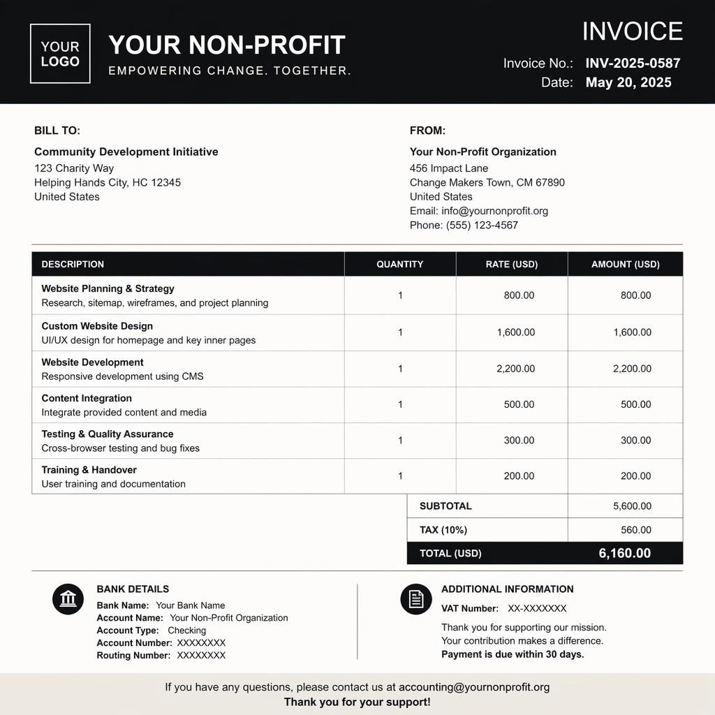 A4 portrait invoice template with dark header bar, itemized billing table, totals section, and placeholder bank details.