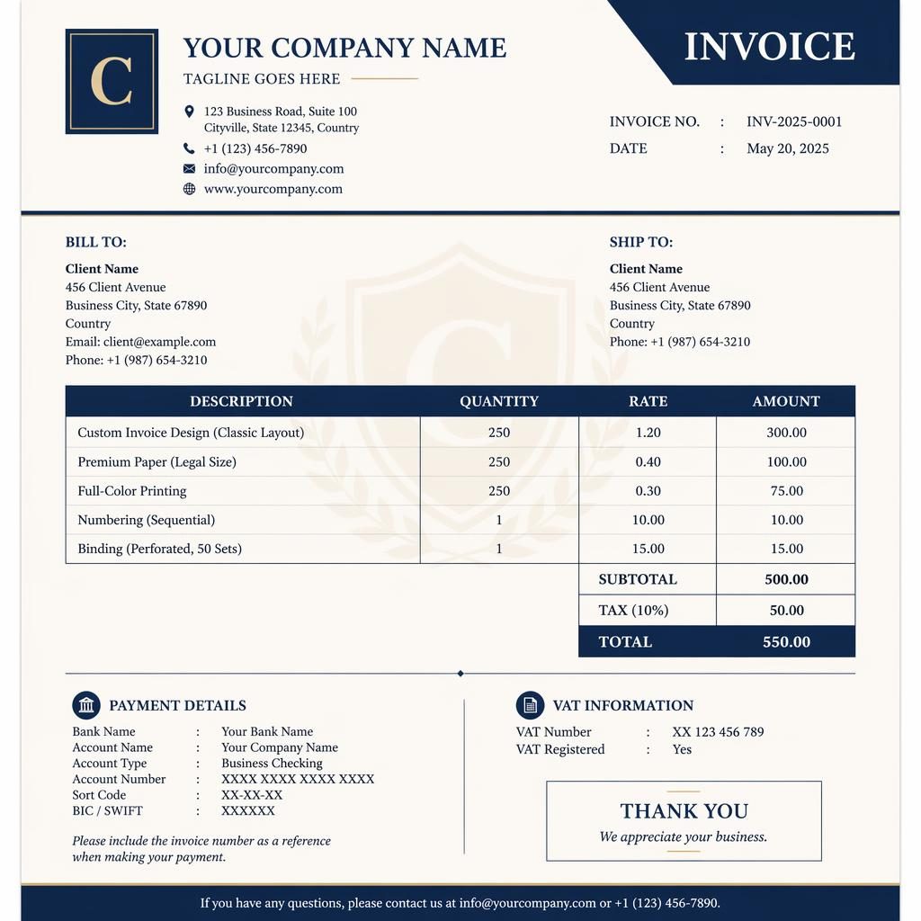 A4 portrait legal invoice template in navy and cream with header, itemized table, totals, and placeholder bank details.
