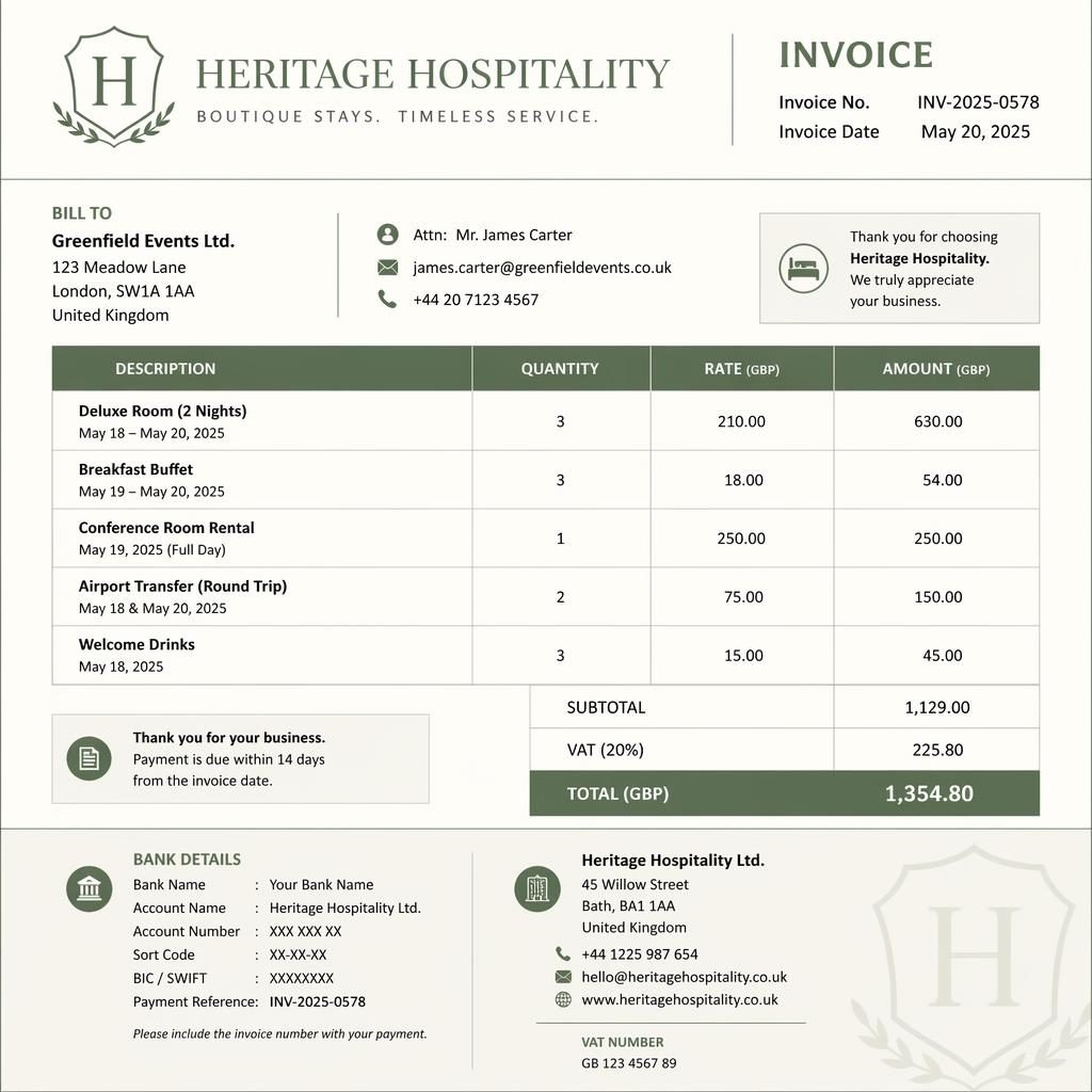 A4 portrait hospitality invoice template in sage and ivory with header, itemized table, totals, and bank detail placeholders.