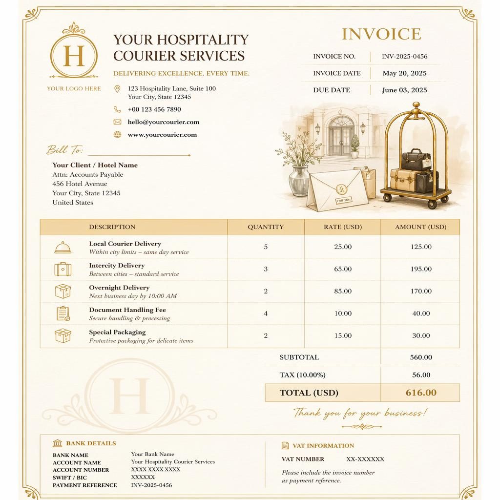 A4 portrait invoice template in warm gold and cream with illustrated header, item table, totals, and bank detail placeholders.