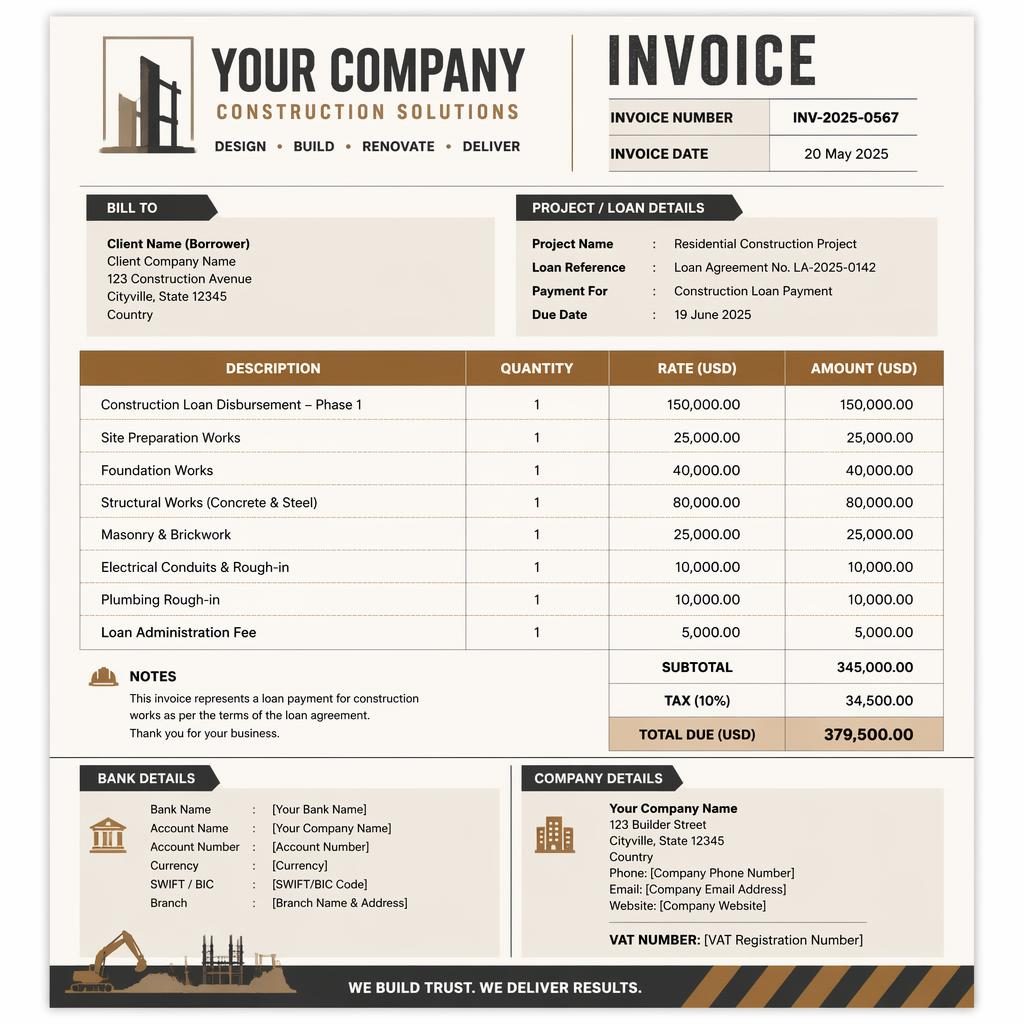 A4 portrait industrial invoice layout with header, itemized table, totals, and placeholder bank and VAT details.