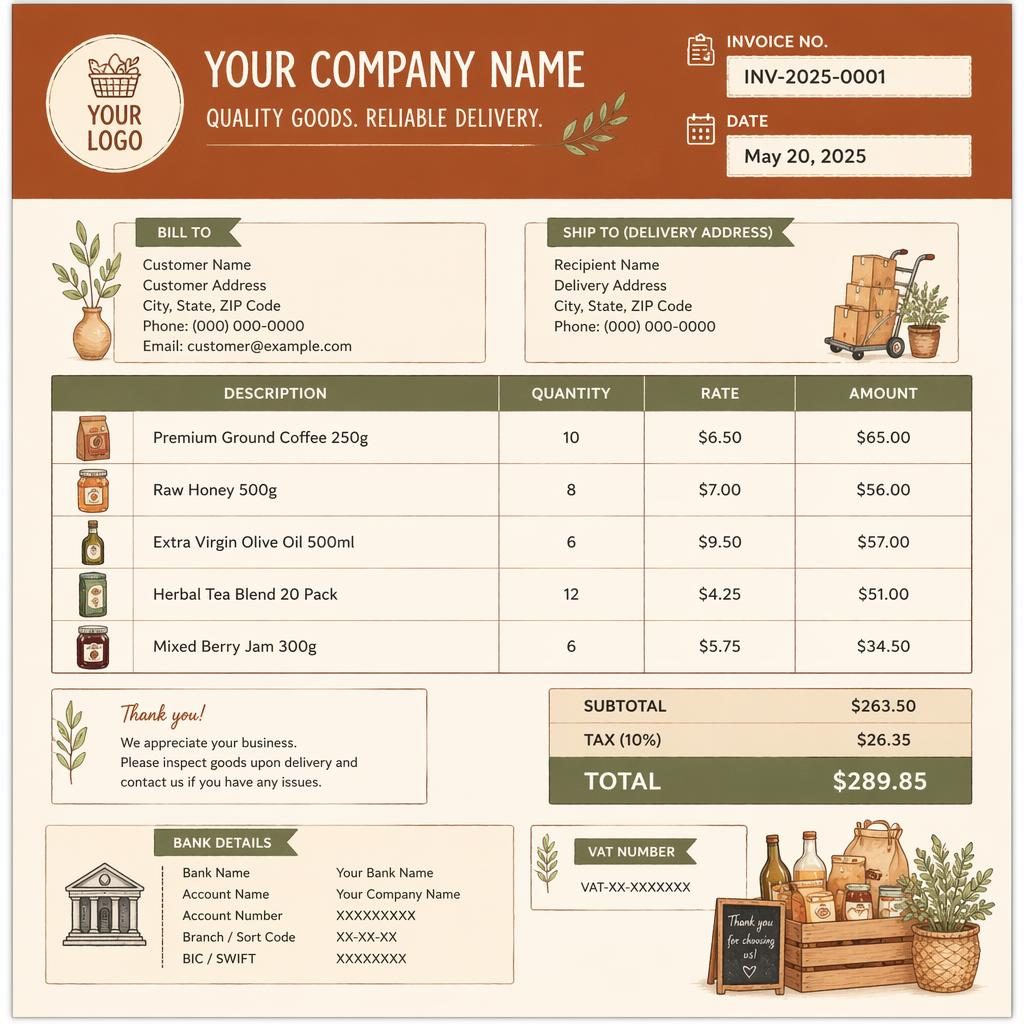 A4 portrait retail invoice template with warm illustrated header, item table, totals, and placeholder bank details.