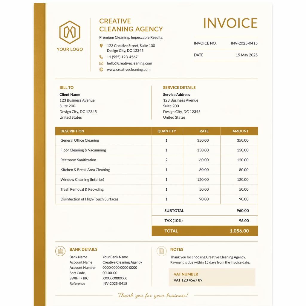 A4 portrait invoice template with gold and cream palette, side accent stripe, item table, totals, and placeholder bank details.