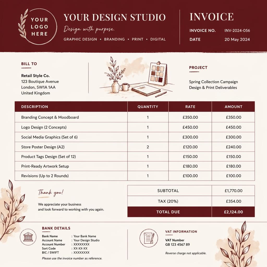 A4 portrait freelance designer invoice template with warm burgundy header, illustrated accents, itemized table, totals, and bank placeholders