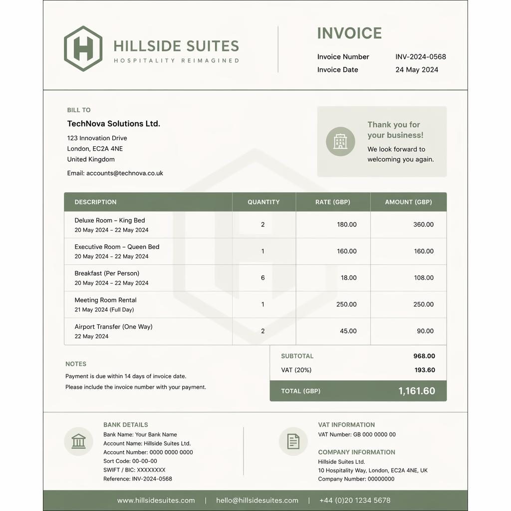 A4 portrait invoice template in sage and ivory with header, itemized table, totals, and placeholder banking details.