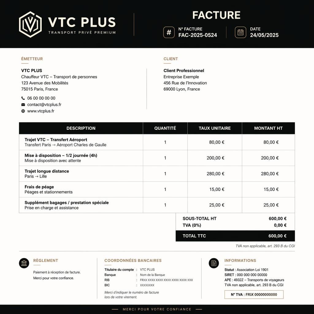 Modèle A4 vertical de facture chauffeur vtc, en noir et blanc chaud, avec en-tête, tableau et totaux.