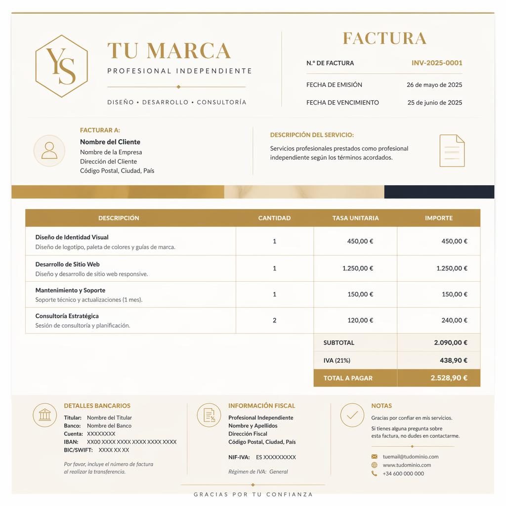 Plantilla de factura A4 vertical minimalista en crema y dorado, con tabla, totales y datos bancarios de ejemplo.