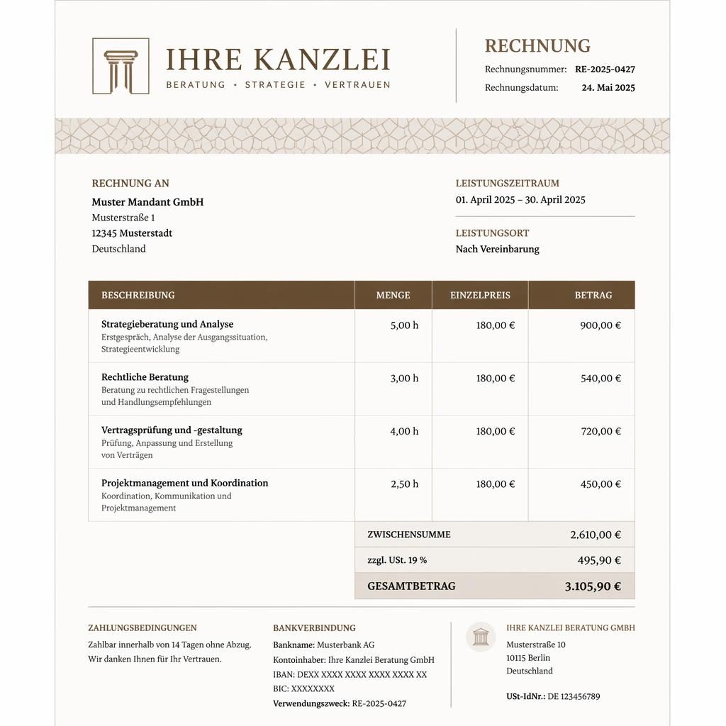 Klassische A4-Rechnungsvorlage im Kanzlei-Stil mit Tabellenlayout, warmen Erdtönen, Logo-Platzhalter und Summenbereich.