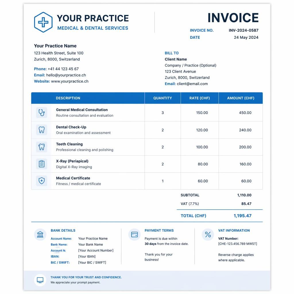 A4 portrait invoice template in a Swiss blue tech style with header, itemized table, totals, and placeholder bank details.