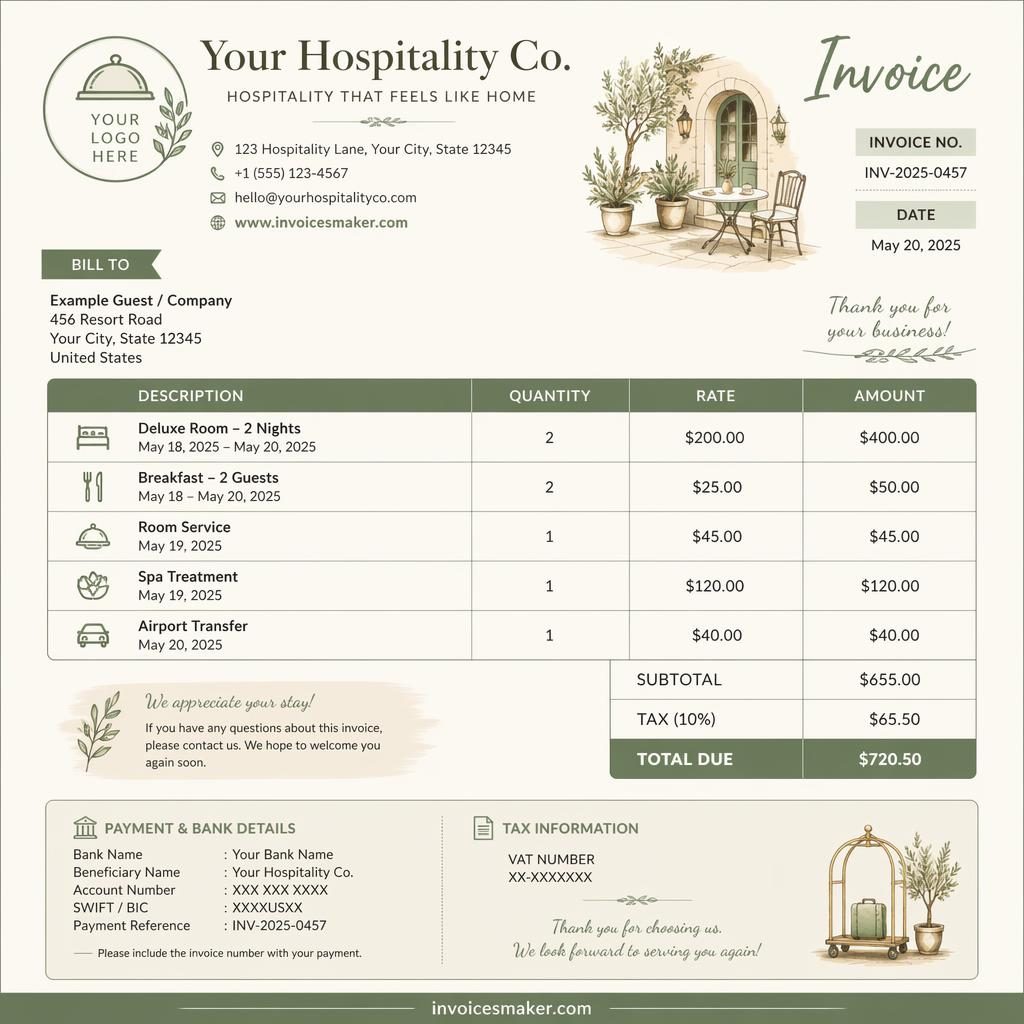 A4 portrait hospitality invoice template in sage and ivory with header, itemized table, totals, and bank detail placeholders.