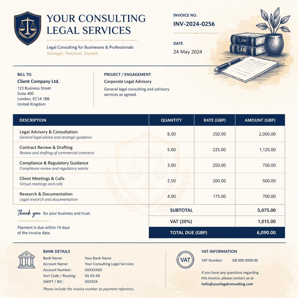 A4 legal consultant invoice template in navy and cream with header, itemized table, totals, and placeholder bank details.