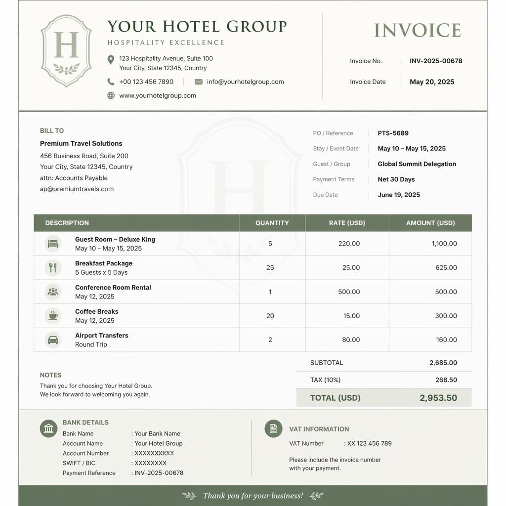 A4 portrait hospitality invoice template in sage and ivory with header, itemized table, totals, and placeholder bank details.
