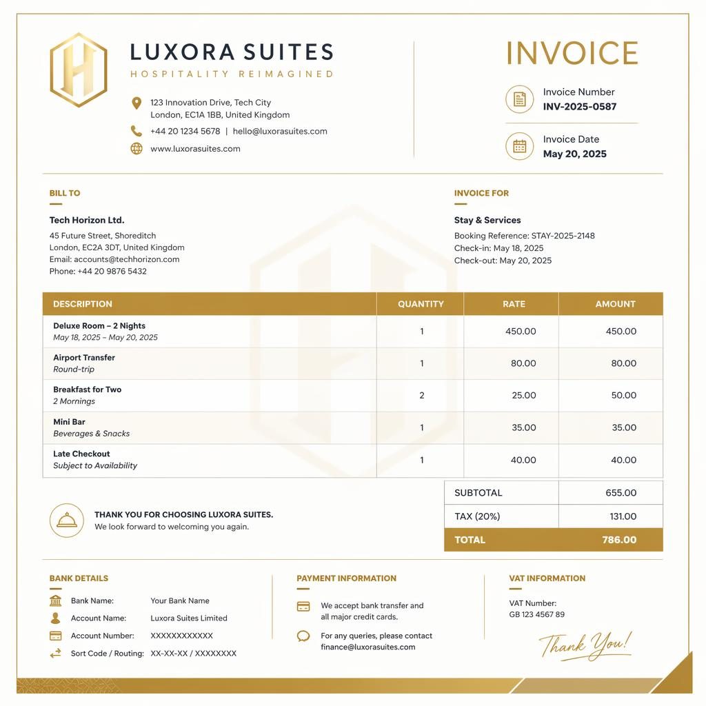 A4 portrait hospitality invoice template in gold and cream with header, itemized table, totals, and placeholder bank details.