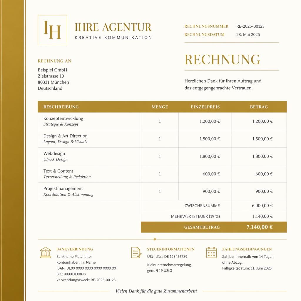 A4-Rechnungsvorlage im Hochformat in Creme und Gold mit Serifenschrift, Akzentstreifen, Tabelle und Summenbereich.