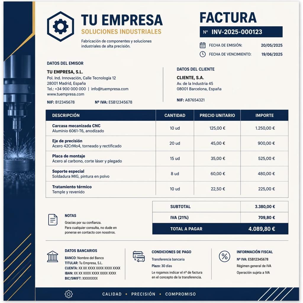 Plantilla de factura A4 vertical estilo industrial en azul marino y crema, con tabla, totales y datos bancarios ficticios.