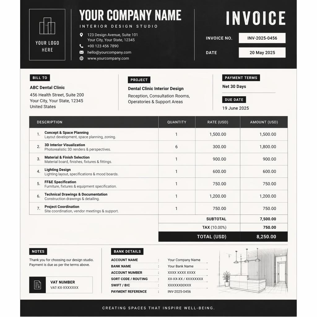 A4 portrait industrial invoice template in black and warm white with header, itemized table, totals, and bank placeholders
