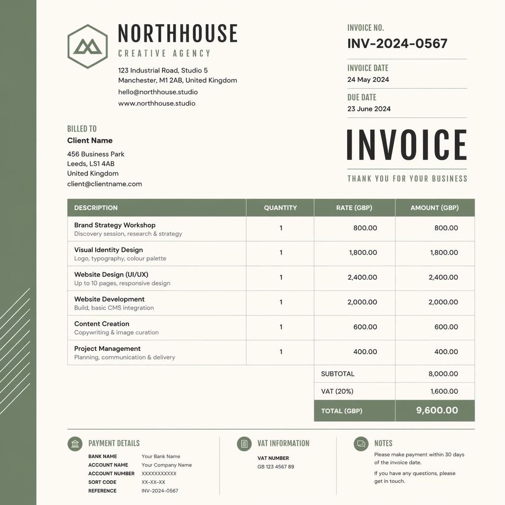 A4 portrait invoice template in sage and ivory with industrial styling, side accent stripe, itemized table, totals, and bank detail placeholders.