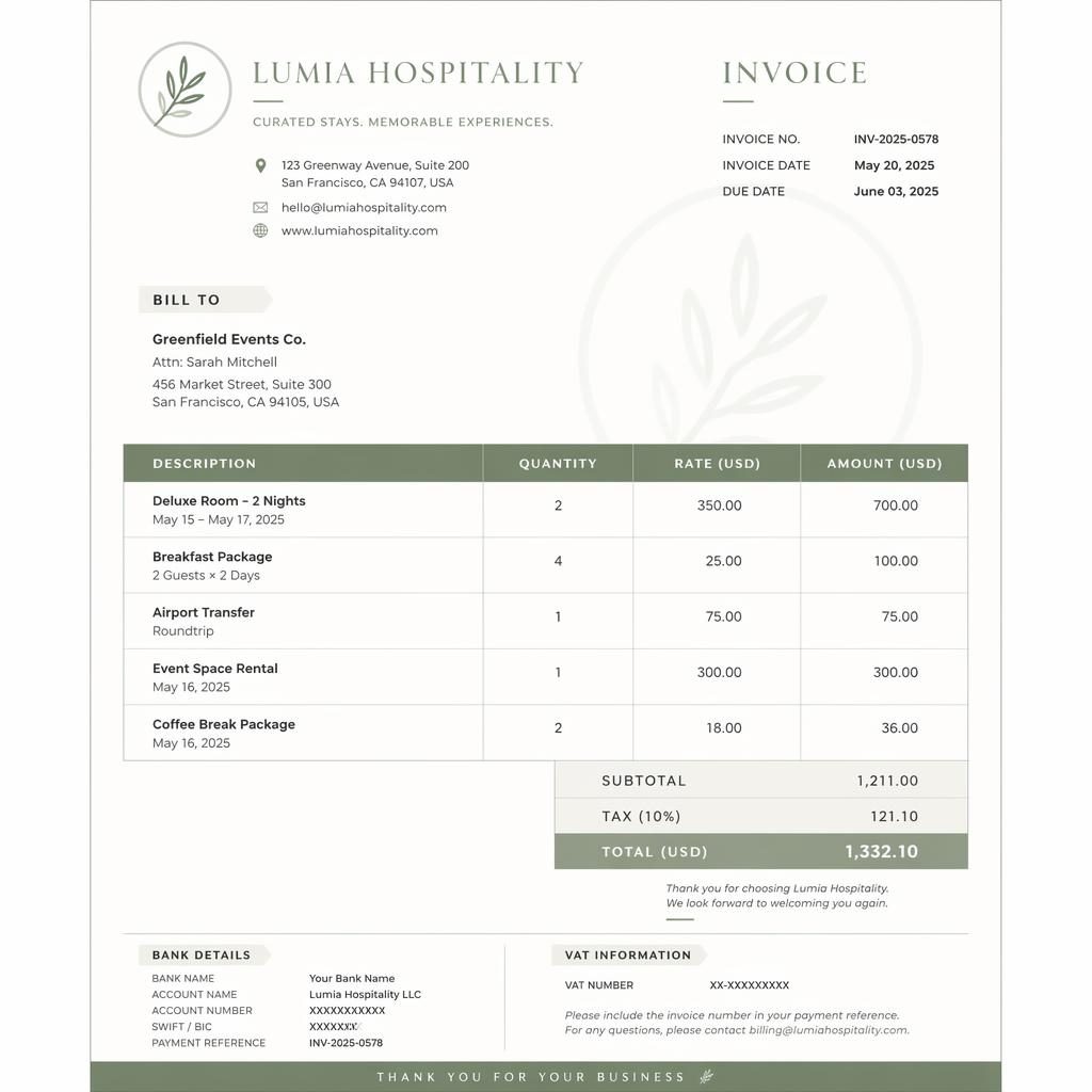 A4 portrait elegant invoice template in sage and ivory with header, item table, totals, and placeholder bank details.
