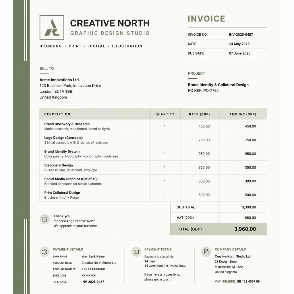 A4 portrait invoice template in sage and ivory with side accent stripe, header, itemized table, totals, and bank placeholders.