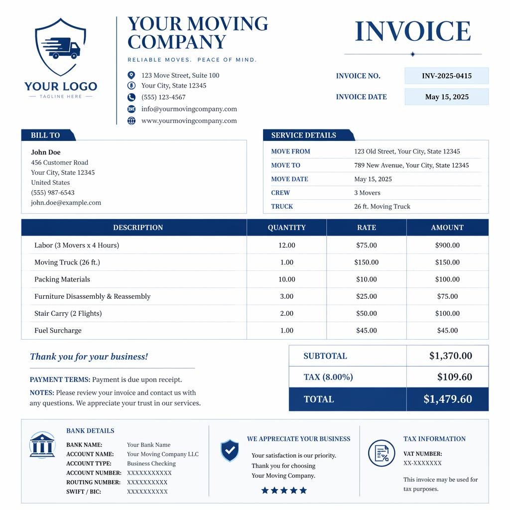 A4 portrait invoice template with luxury serif styling, blue palette, itemized table, totals, logo placeholder, and bank details.
