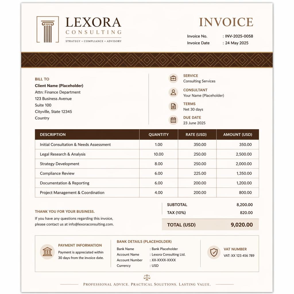 A4 portrait invoice template with classic law-firm styling, warm earth tones, itemized table, totals, and bank detail placeholders.