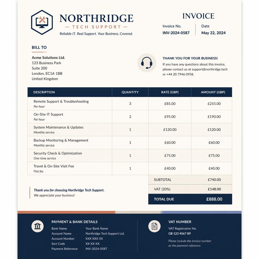 A4 portrait tech support invoice template in navy and cream with header, item table, totals, and placeholder bank details.