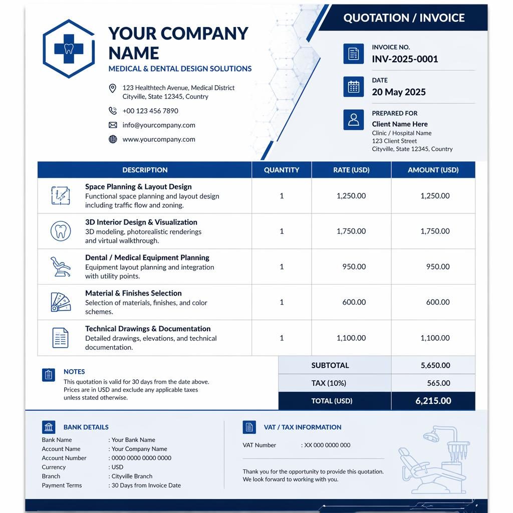 A4 portrait invoice template with blue industrial layout, header, pricing table, totals, and placeholder bank details.