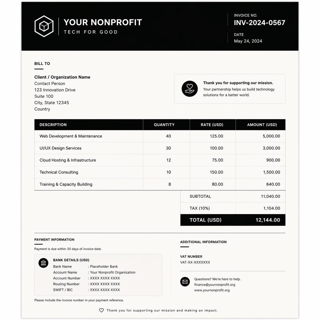 A4 portrait invoice builder template with black header bar, placeholder logo, itemized table, totals, and bank details.