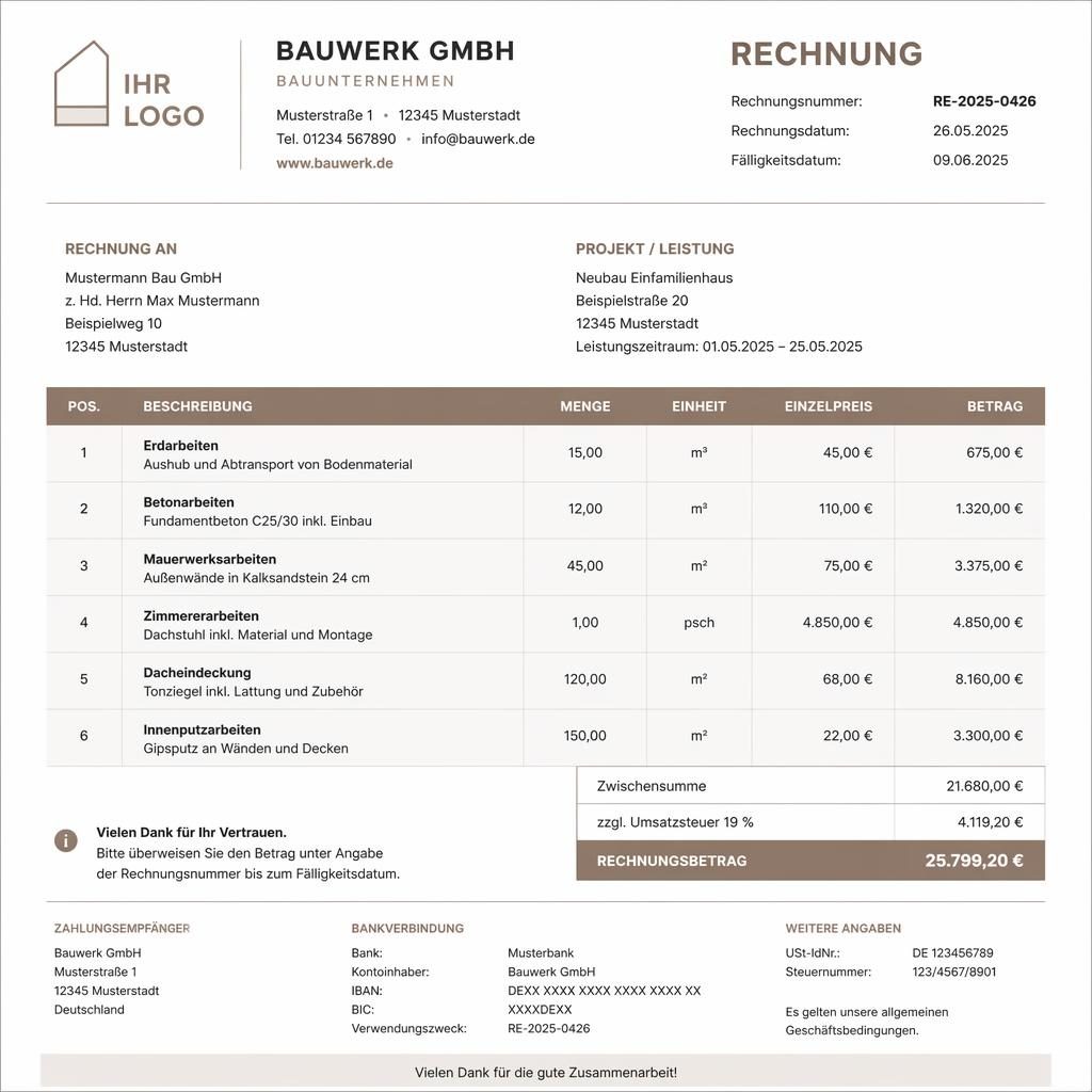 A4-Rechnungsvorlage im Swiss-Stil mit Kopfbereich, Positionstabelle, Summenblock und Platzhaltern für Bankdaten