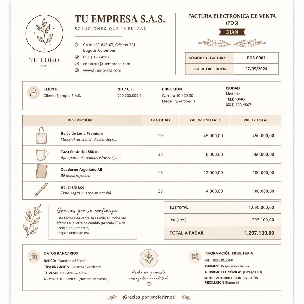 Plantilla de factura A4 en vertical con encabezado, tabla de conceptos, totales y datos bancarios de ejemplo